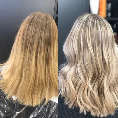 Vorher und nachher: Goldblond, danach Airtouch in Beigeblond mit Wellen
