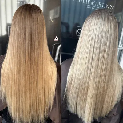 Vorher und nachher: lange glatte Haare in Dunkelblond, danach Platinblond