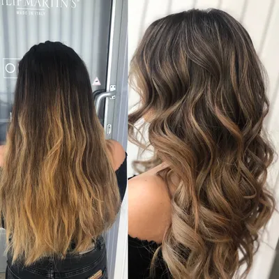 Vorher und nachher: Ombré von Schwarz zu Blond, danach Balayage in Braun- und Beigetönen