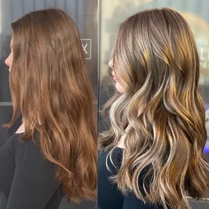 Vorher und nachher: Kupferbraun, danach Balayage mit Karamellsträhnen