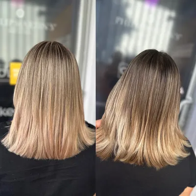 Vorher und nachher: schulterlanges Haar mit Balayage von Hellbraun zu Blond