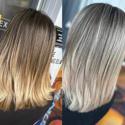 Vorher und nachher: schulterlanges Haar, danach Silberblond