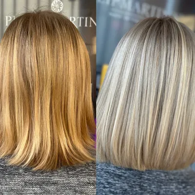 Vorher und nachher: Bob in Goldblond, danach helles Kühlblond