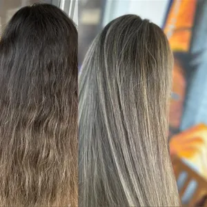 Vorher und nachher: dunkles Haar, danach Grey Blending in Aschgrau