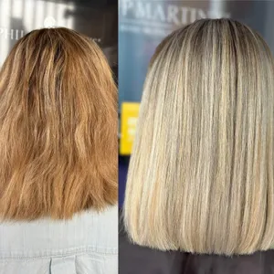 Vorher und nachher: rötlich-blondes Haar, danach glatter Bob in Hellblond