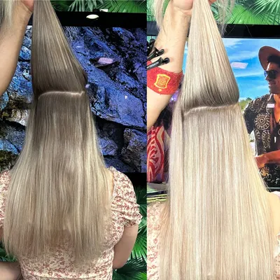 Vorher und nachher: lange glatte Haare, danach helles Blond
