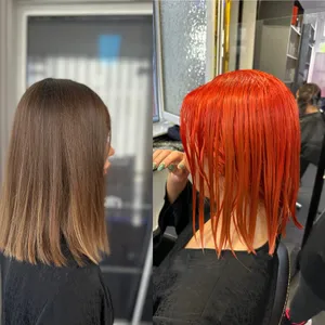 Vorher und nachher: braunes Haar, danach leuchtendes Orangerot