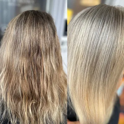 Vorher und nachher: lange Wellen, danach glattes Kühlblond