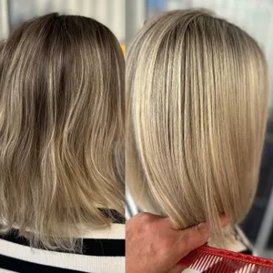 Vorher und nachher: Bob in Dunkelblond, danach helles Blond