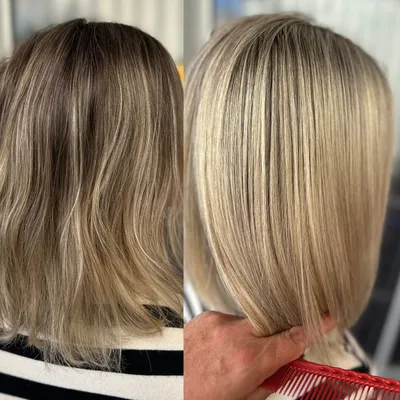 Vorher und nachher: Bob in Dunkelblond, danach helles Blond