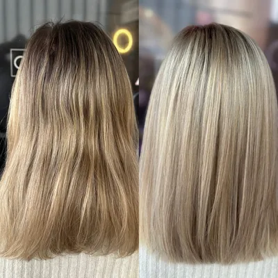 Vorher und nachher: schulterlanges Haar, danach Balayage in Hellblond