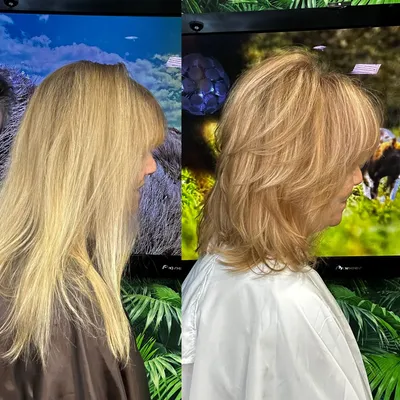Vorher und nachher: lange blonde Haare, danach Stufenschnitt mit Pony