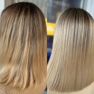 Vorher und nachher: lange Haare mit Farbverlauf, danach glattes Beigeblond