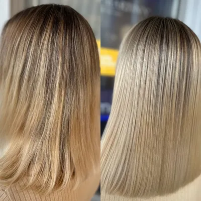 Vorher und nachher: lange Haare mit Farbverlauf, danach glattes Beigeblond