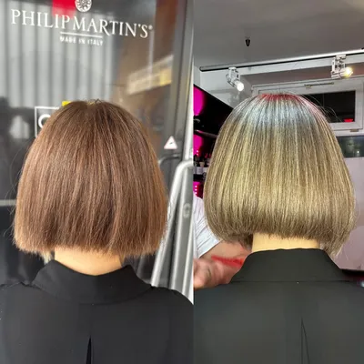Vorher und nachher: Bob in Braun, danach Bob mit blonden Strähnen