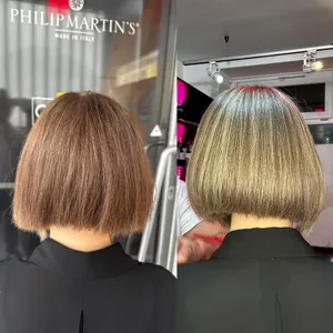 Vorher und nachher: Bob in Braun, danach Bob mit blonden Strähnen