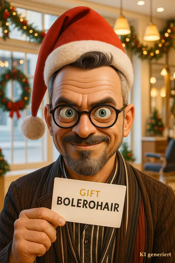KI-generiertes Bild: Ricardo mit Weihnachtsmütze und einem Bolerohair-Gutschein