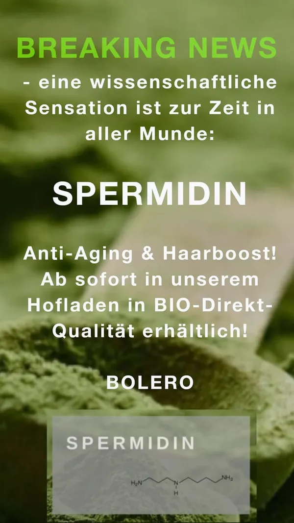 Werbegrafik zum 1. April: „Spermidin – Anti-Aging & Haarboost, ab sofort in unserem Hofladen“