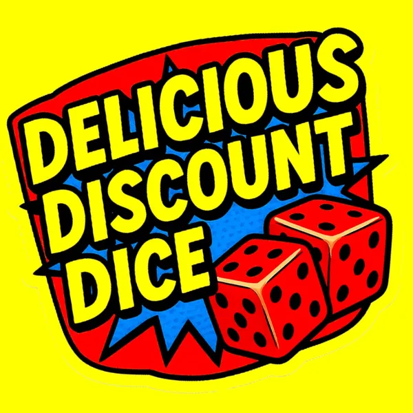Werbegrafik „Delicious Discount Dice“ mit zwei roten Würfeln